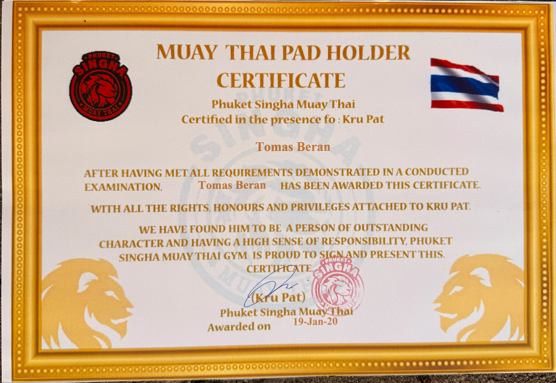 Certifikát Tomáše Berana – Muay Thai Pad Holder Certificate