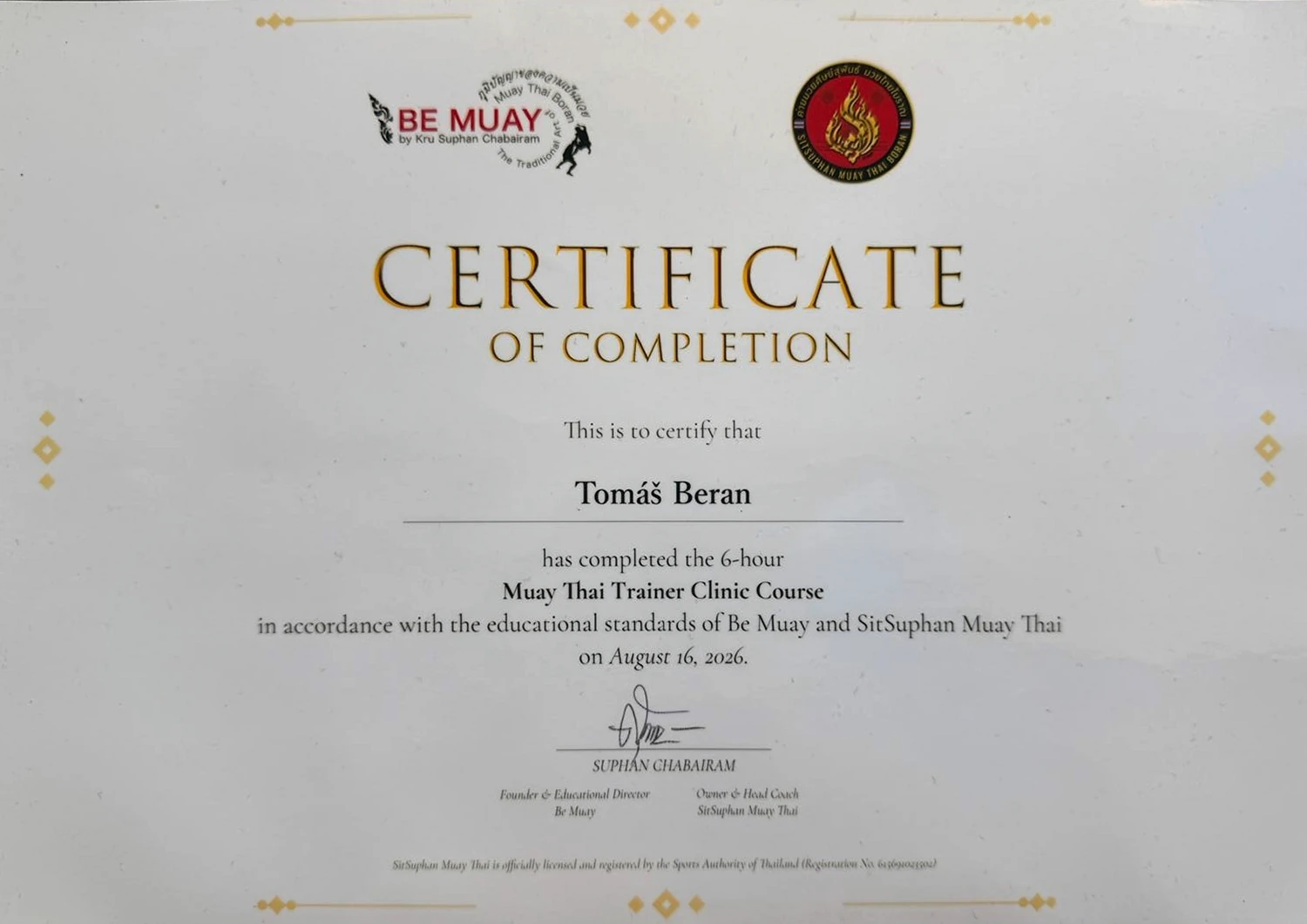 Certifikát Tomáše Berana – Muay Thai Trainer Clinic Course · 6 hodin