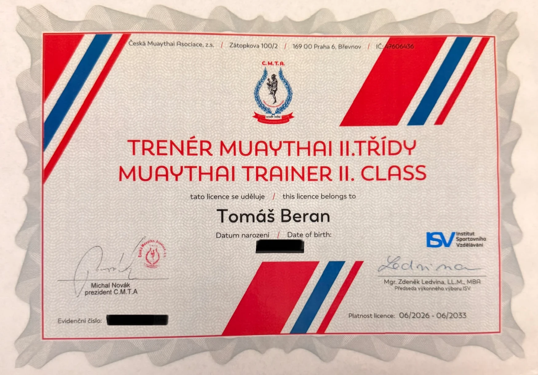 Certifikát Tomáše Berana – Trenér Muay Thai II. třídy