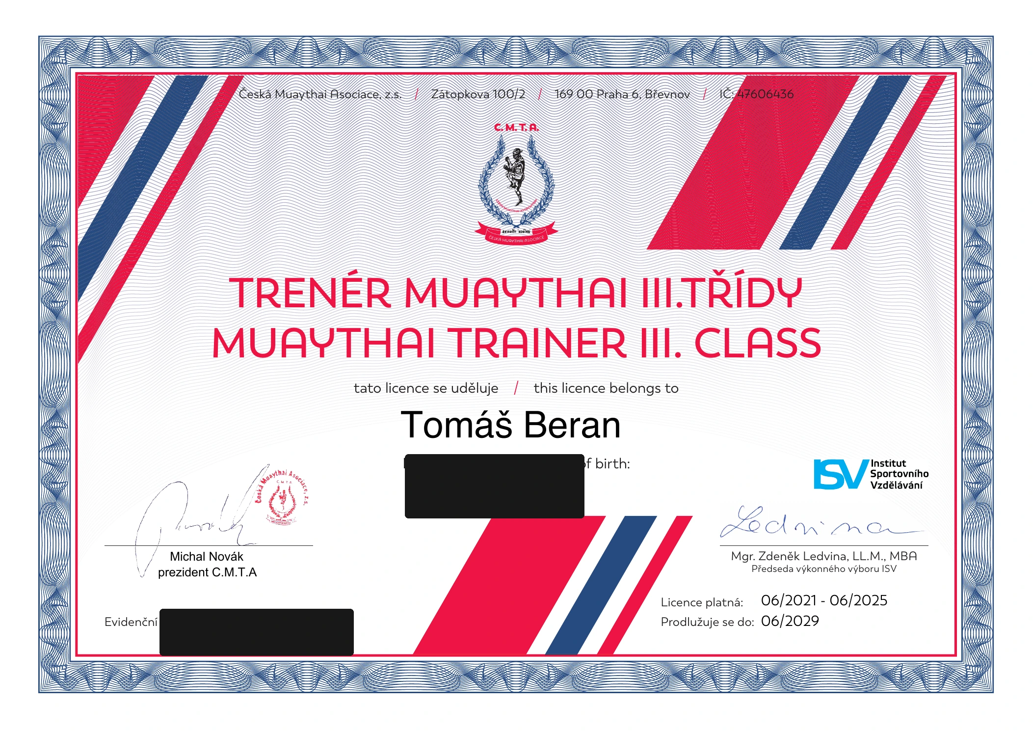 Certifikát Tomáše Berana – Trenér Muay Thai III. třídy