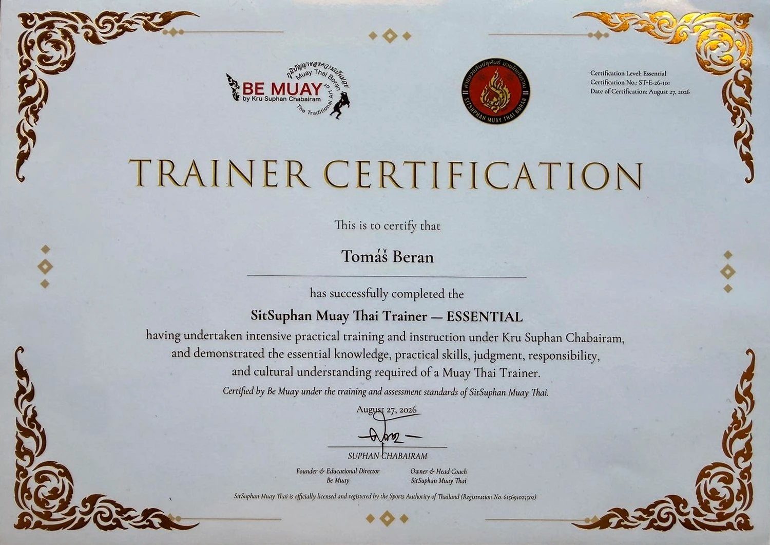 Certifikát Tomáše Berana – Trainer Certification – Essential