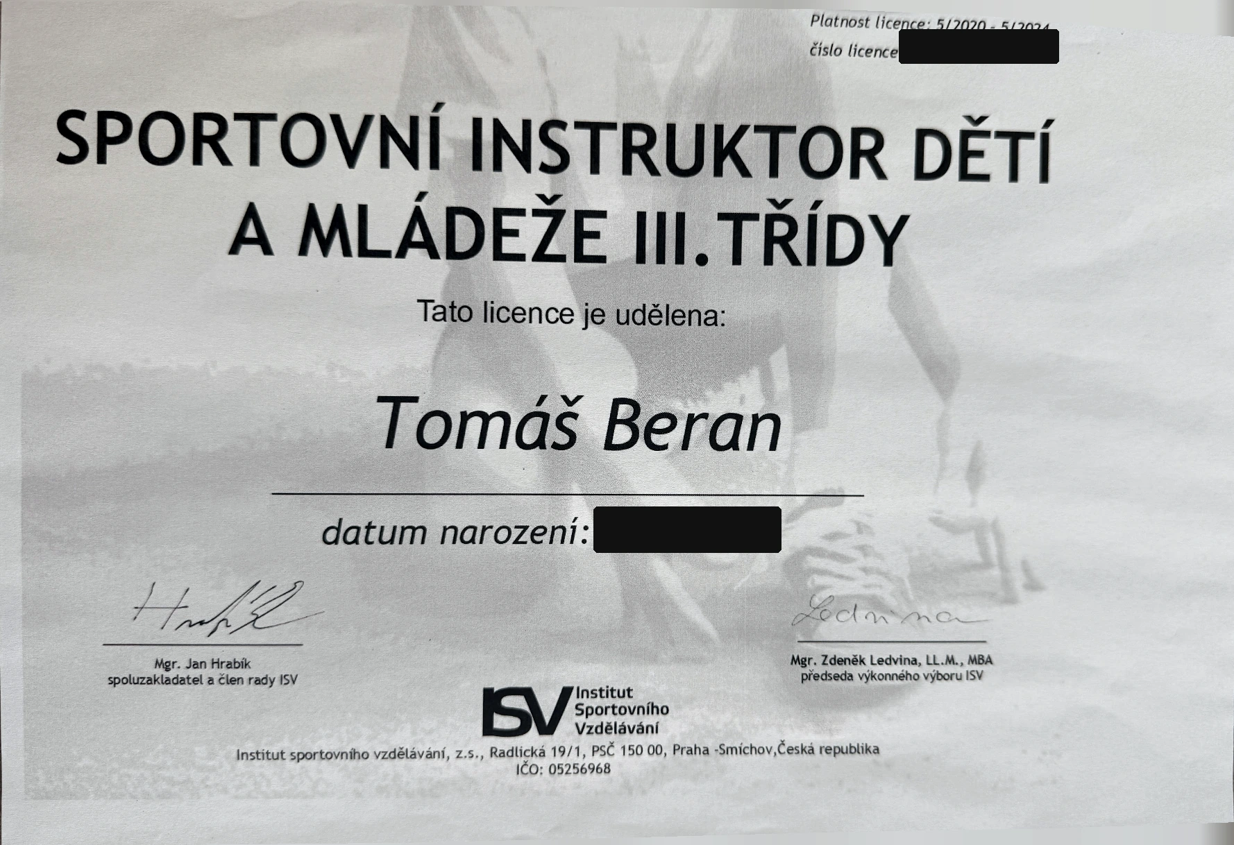 Certifikát Tomáše Berana – Sportovní instruktor dětí a mládeže III. třídy