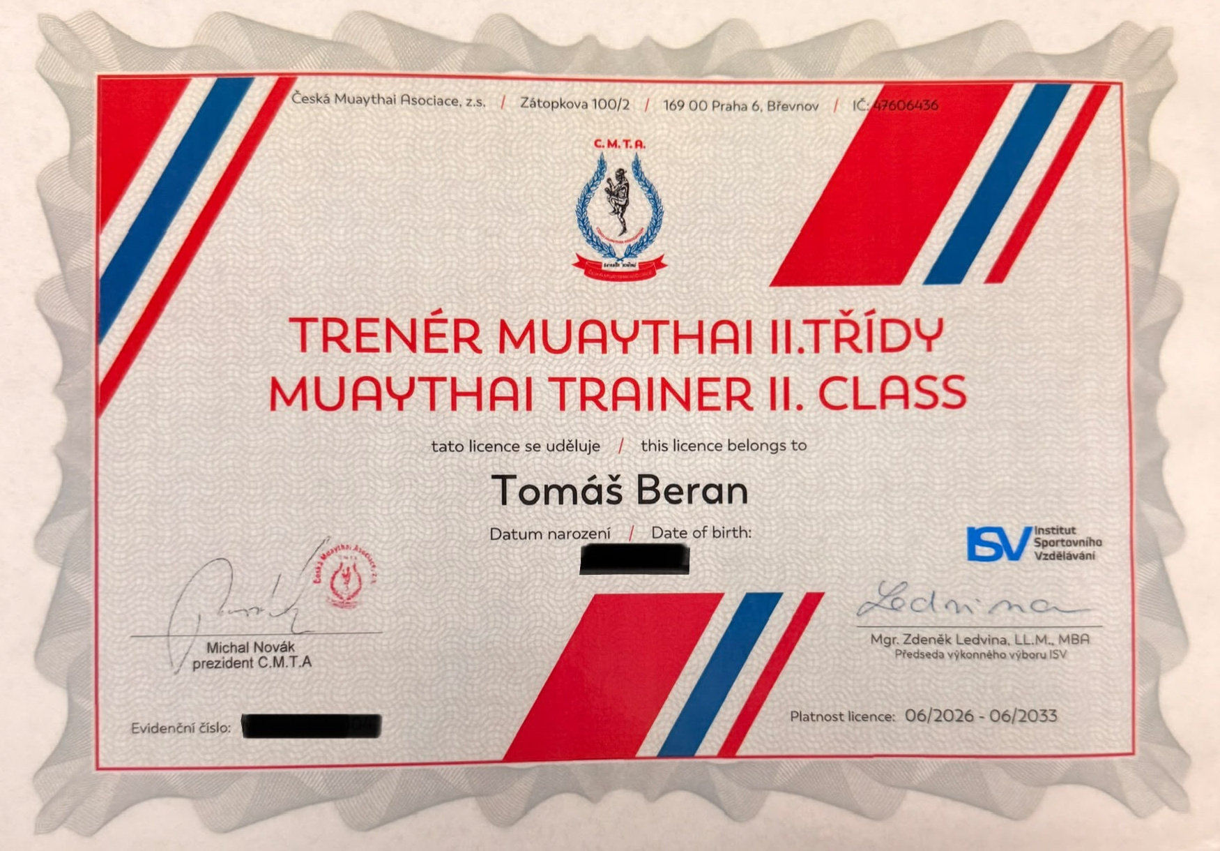 Certifikát Tomáše Berana – Muay Thai Trainer II. Class